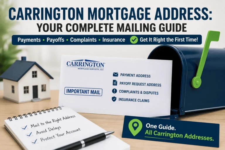 Carrington Mortgage Address guide showing correct mail details for payments, payoffs, complaints, and insurance