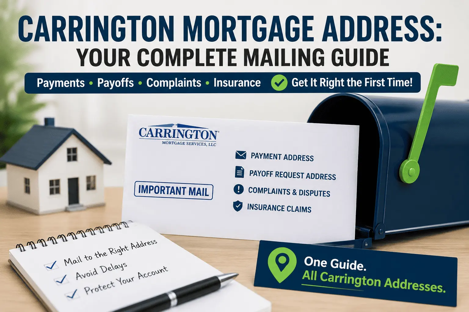 Carrington Mortgage Address guide showing correct mail details for payments, payoffs, complaints, and insurance