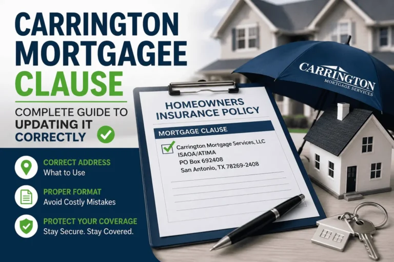 Carrington Mortgagee Clause guide showing the correct address, insurance policy, and home coverage details
