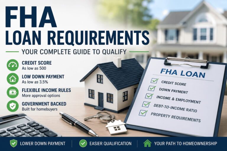 FHA Loan Requirements guide showing credit score, down payment, income, DTI, and property eligibility checklist