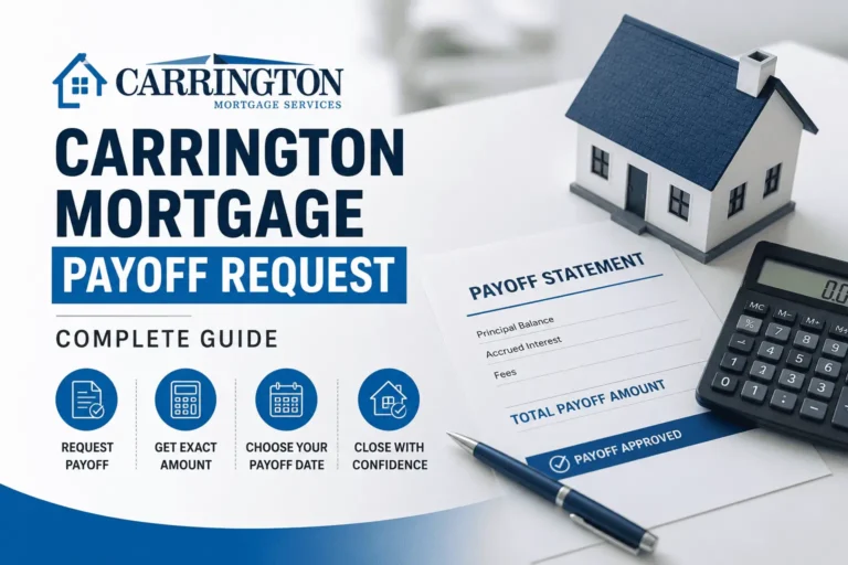 Carrington Mortgage Payoff Request showing a payoff statement, calculator, and house model for fast loan closing.