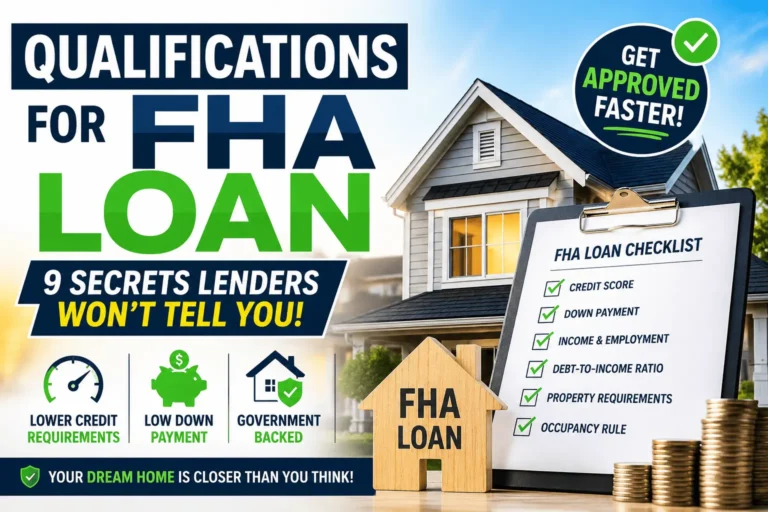 Qualifications for FHA Loan checklist showing credit score, down payment, income requirements, and FHA home approval process for buyers